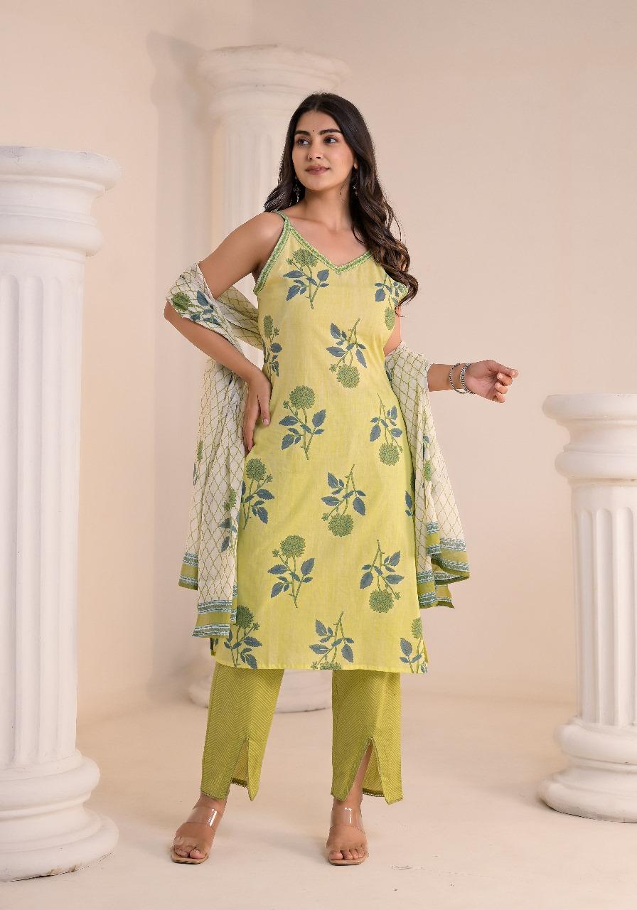 Pista Phoolgulab Kurti Pant Dupatta Suit Set