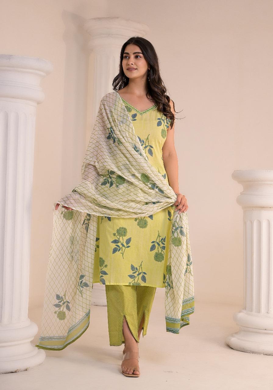 Pista Phoolgulab Kurti Pant Dupatta Suit Set