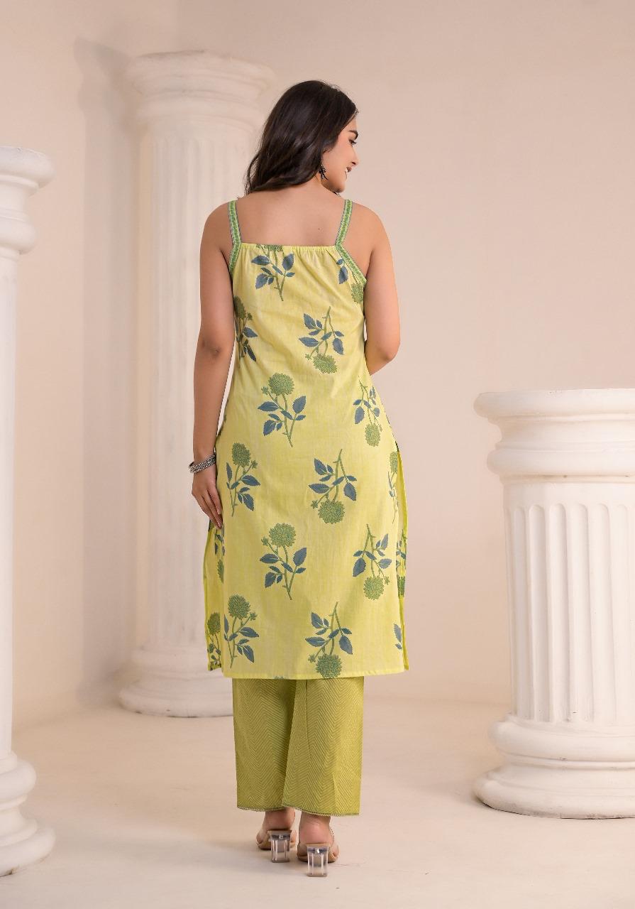 Pista Phoolgulab Kurti Pant Dupatta Suit Set