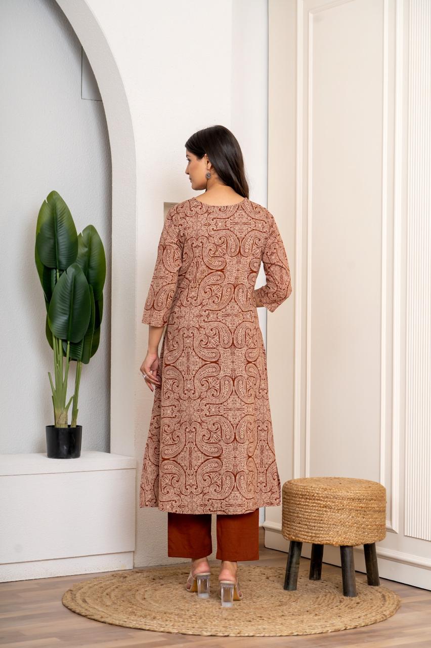 Rust Paisley Pure Jaipuri Cotton Kurti Pant Set