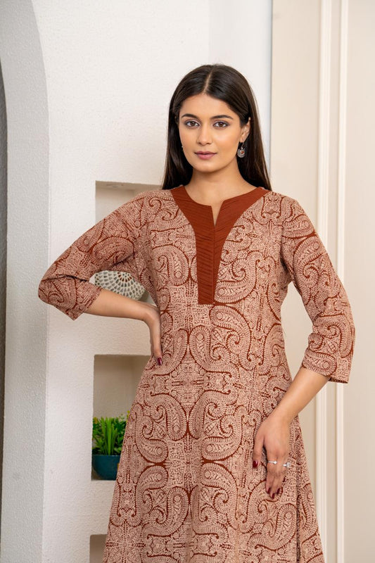 Rust Paisley Pure Jaipuri Cotton Kurti Pant Set