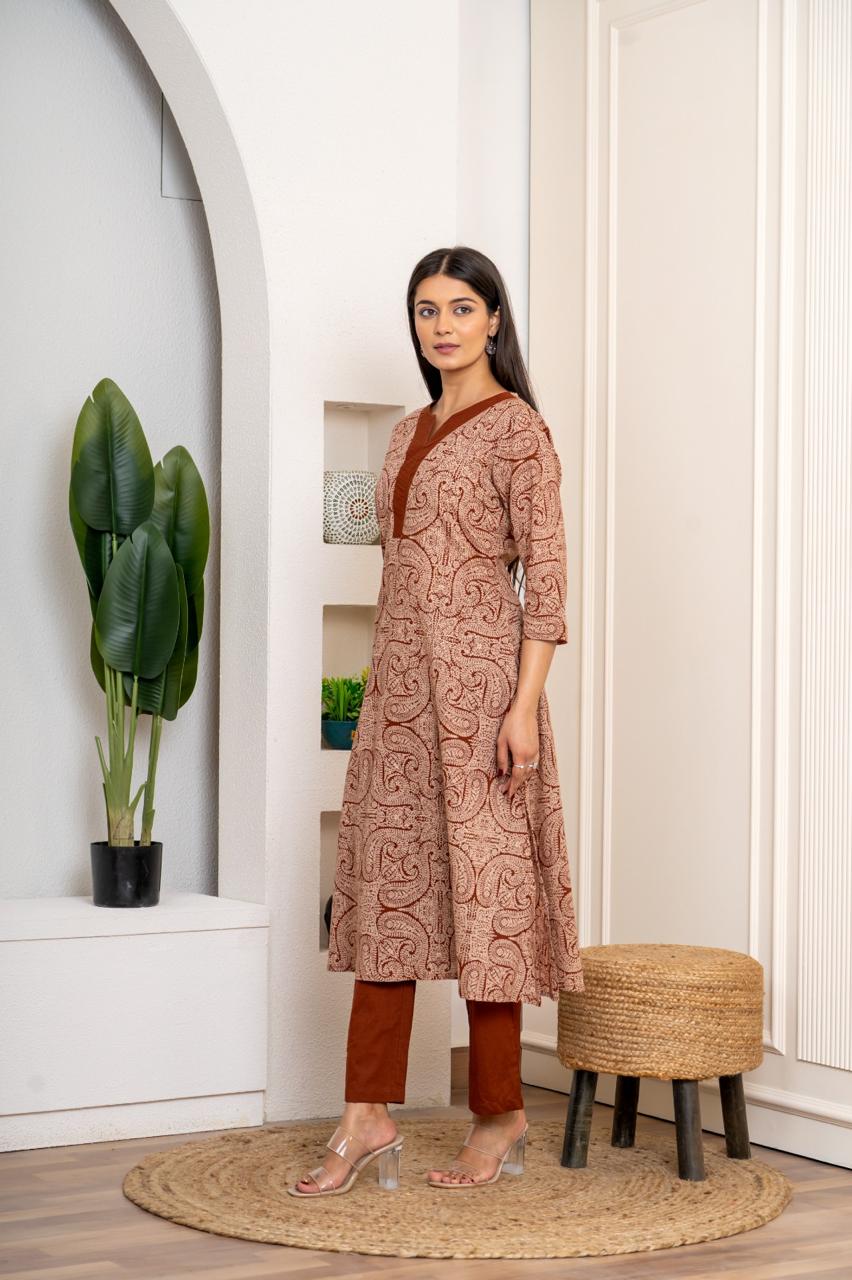 Rust Paisley Pure Jaipuri Cotton Kurti Pant Set