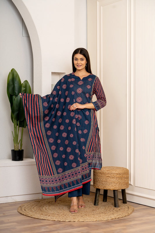 Jaipuri Cotton Kurti Pant Dupatta Set Suit