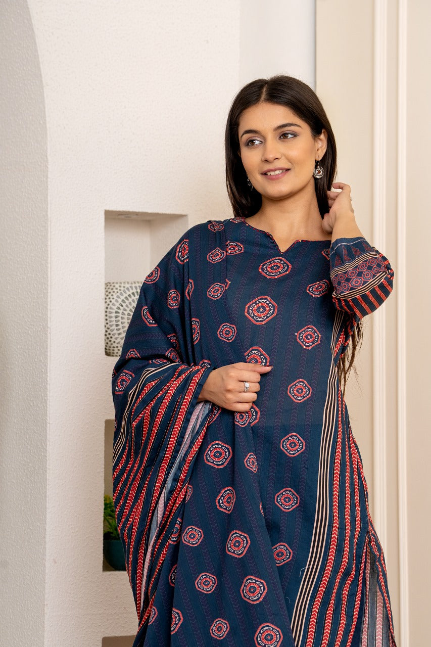 Jaipuri Cotton Kurti Pant Dupatta Set Suit