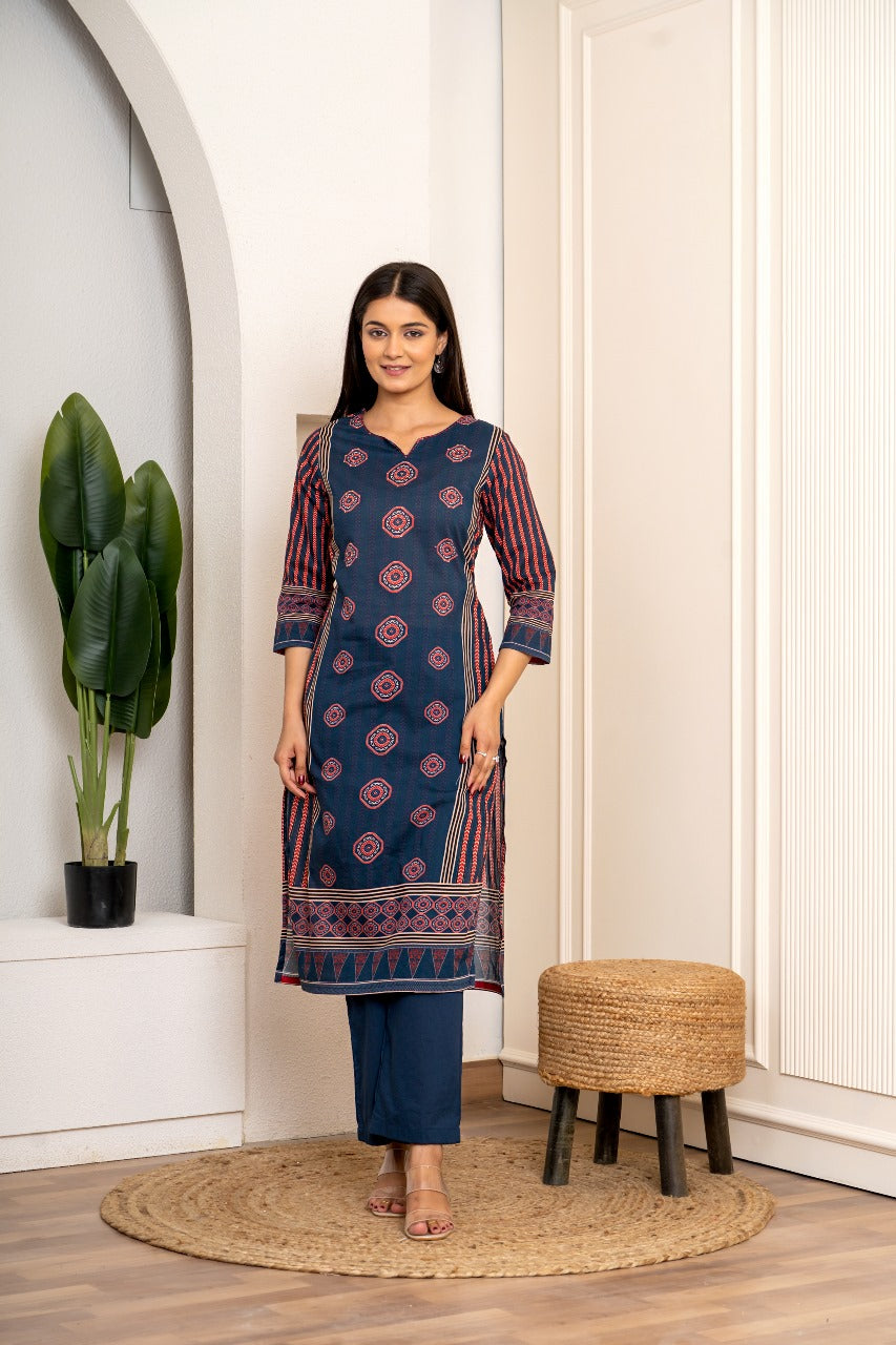 Jaipuri Cotton Kurti Pant Dupatta Set Suit