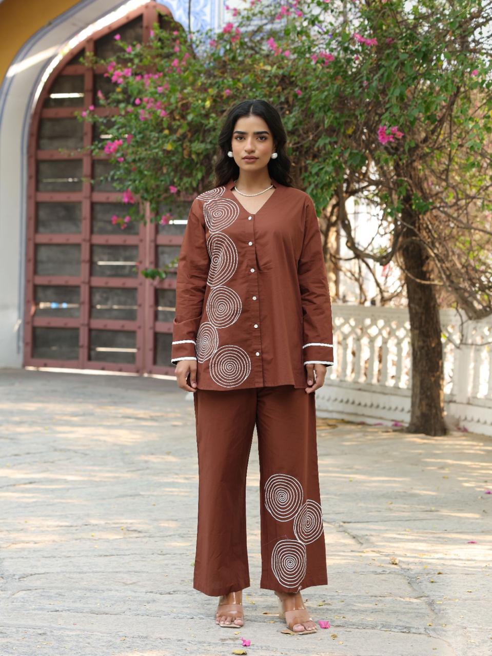 Spiral Charm Co-ord Set in Premium Cotton – Cocoa Brown