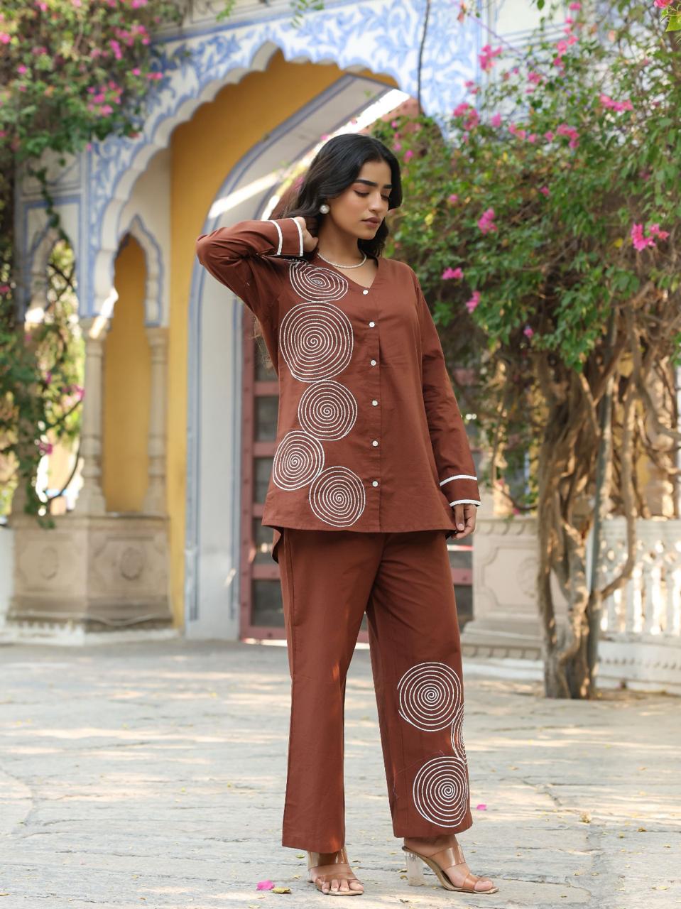 Spiral Charm Co-ord Set in Premium Cotton – Cocoa Brown