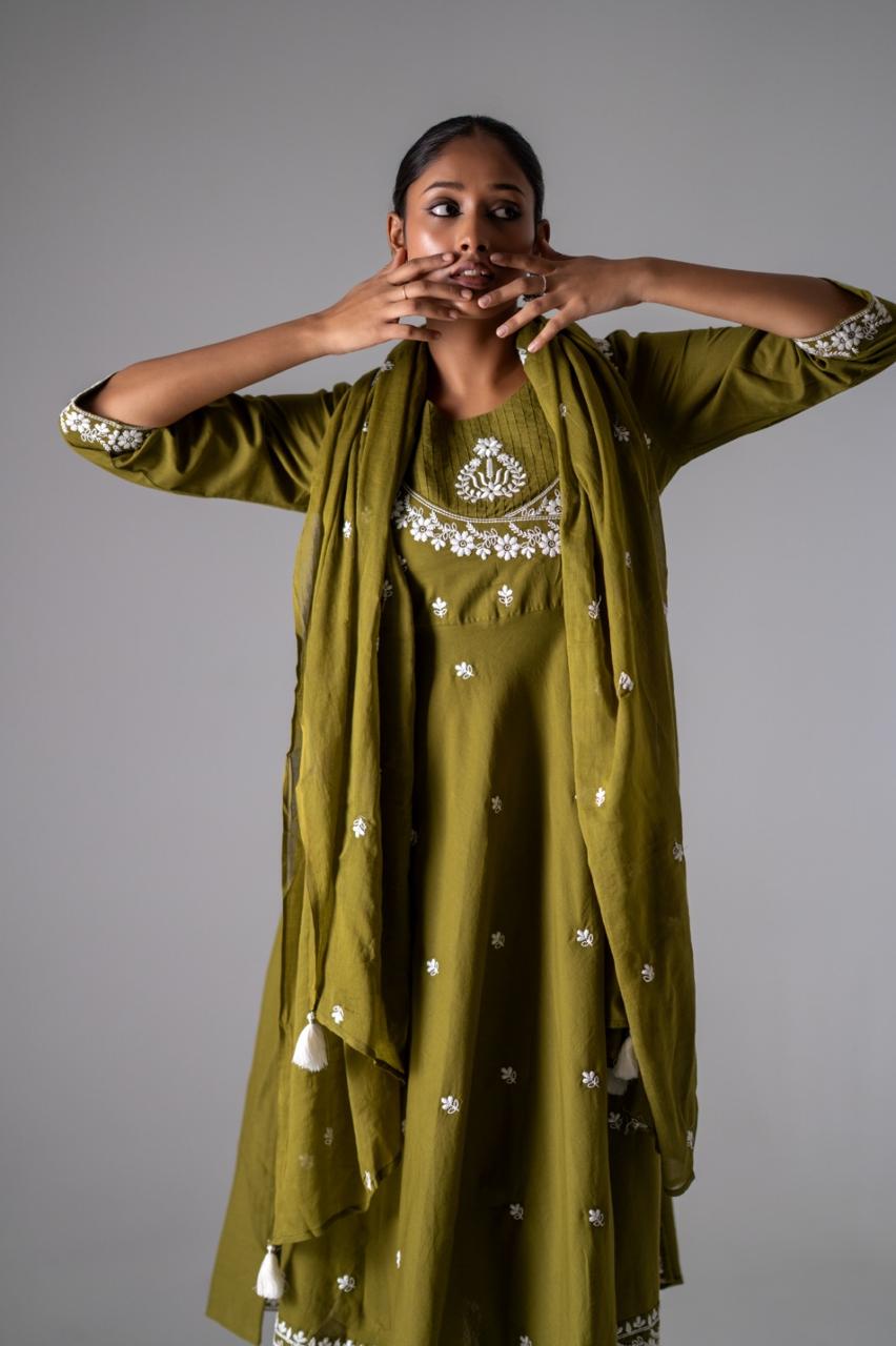 Zehra Olive Embroidered Pure Cotton Anarkali Set