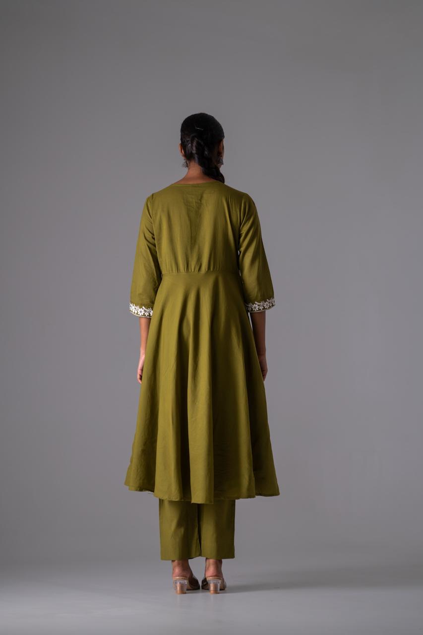 Zehra Olive Embroidered Pure Cotton Anarkali Set
