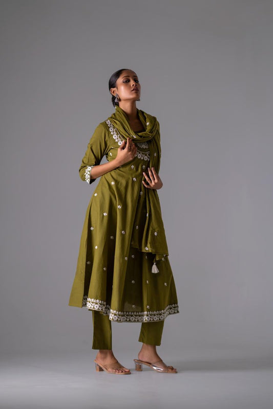 Zehra Olive Embroidered Pure Cotton Anarkali Set
