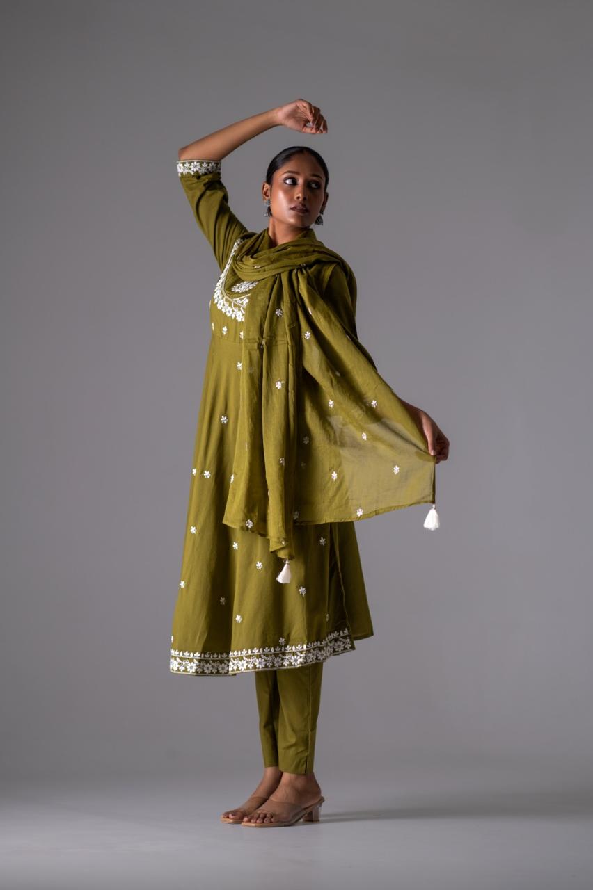 Zehra Olive Embroidered Pure Cotton Anarkali Set