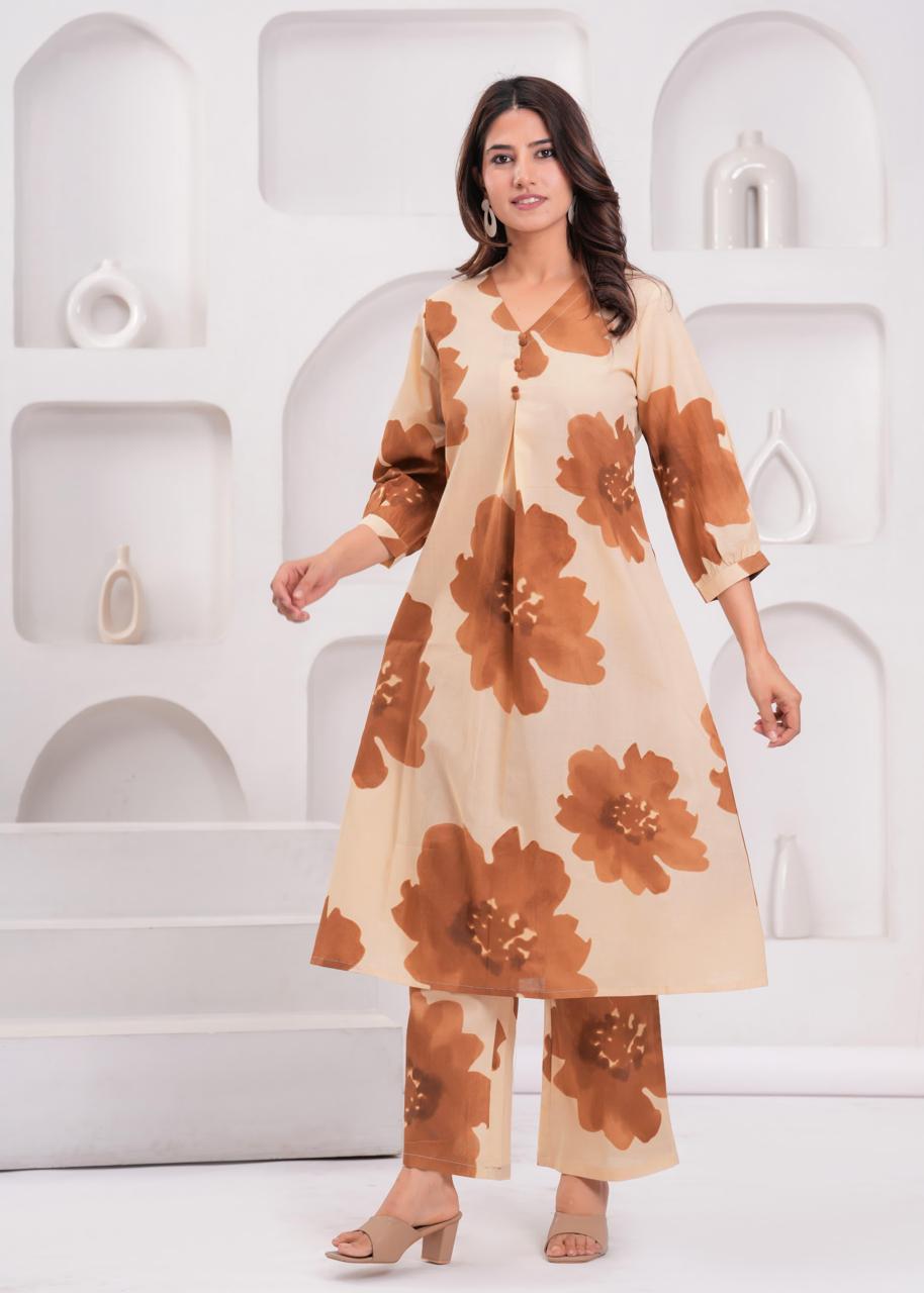 Inaayat Mocha Bloom Kurti Pant Set