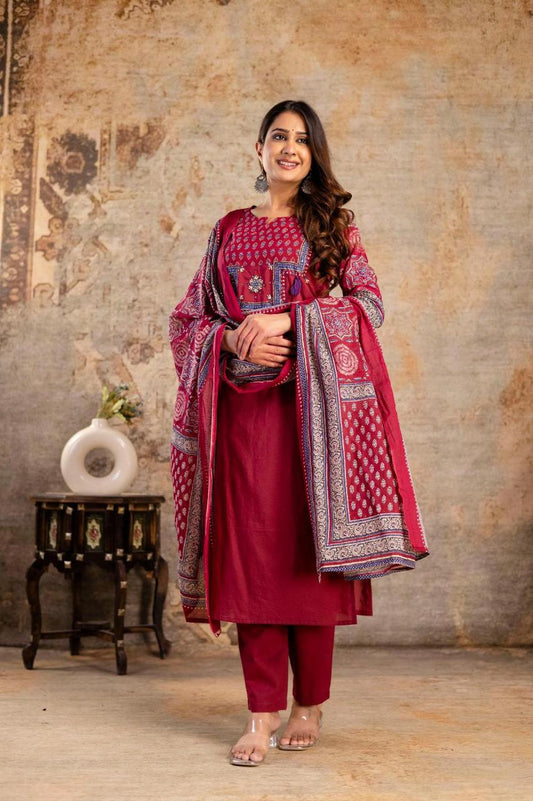 Ruhani Maroon Ajrakh Kurti Pant Dupatta Set Suit