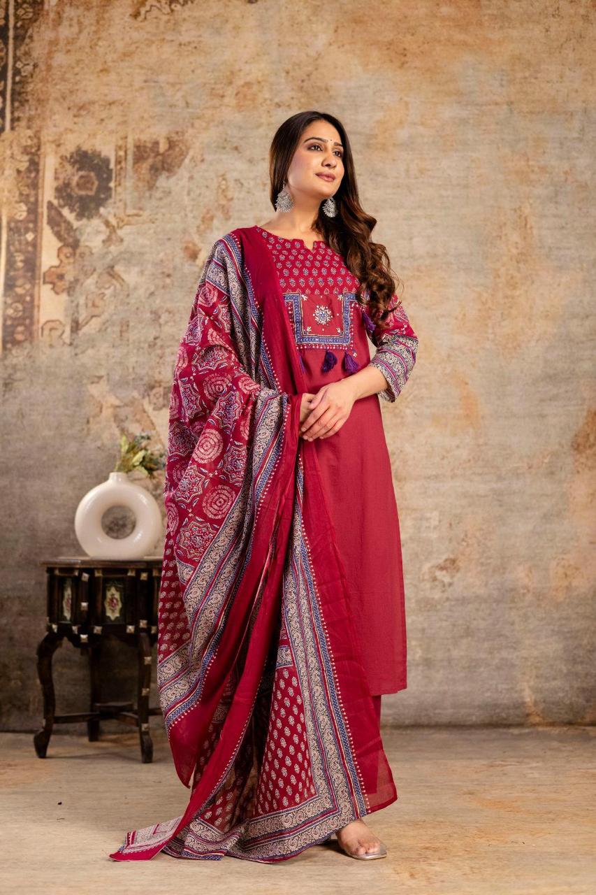 Ruhani Maroon Ajrakh Kurti Pant Dupatta Set Suit