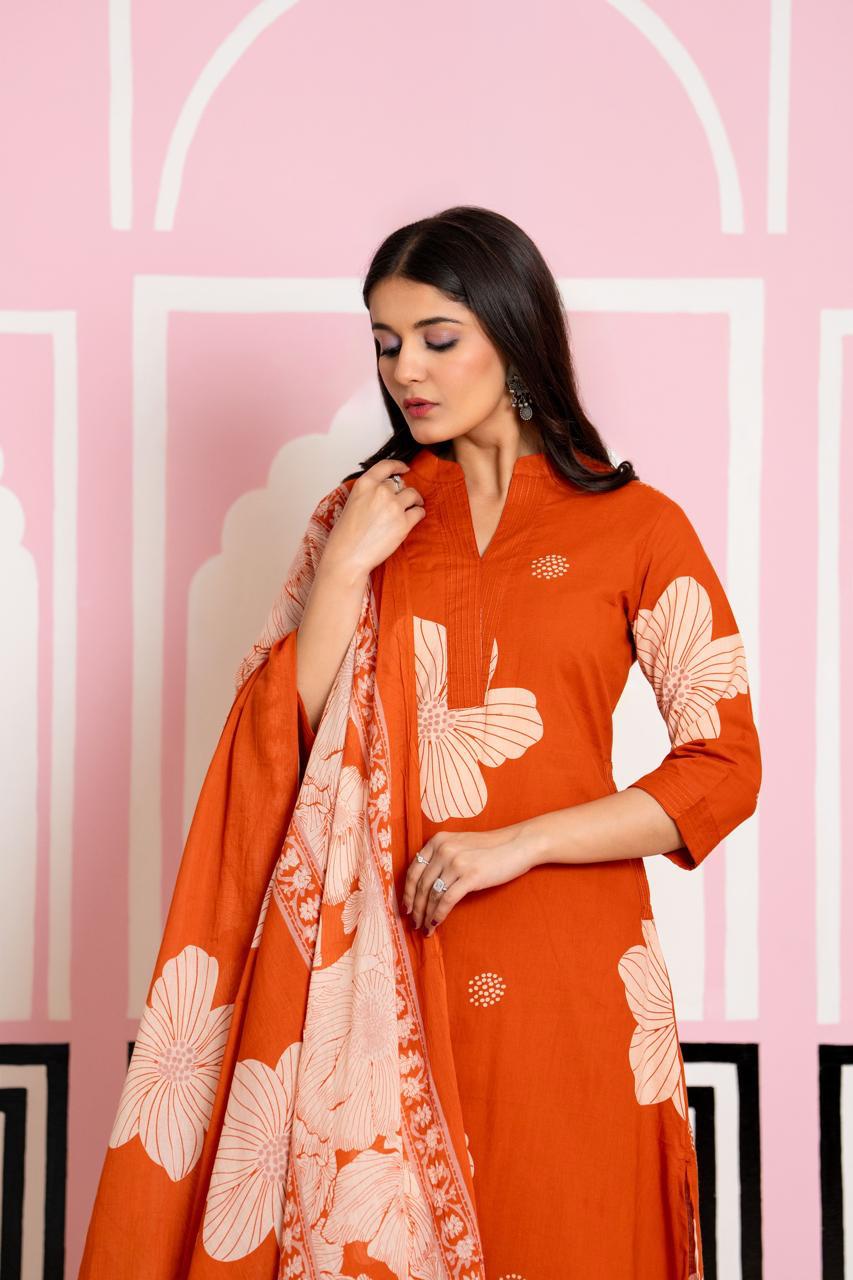 Gulnaar Rust Bloom Kurti Pant Dupatta Set Suit