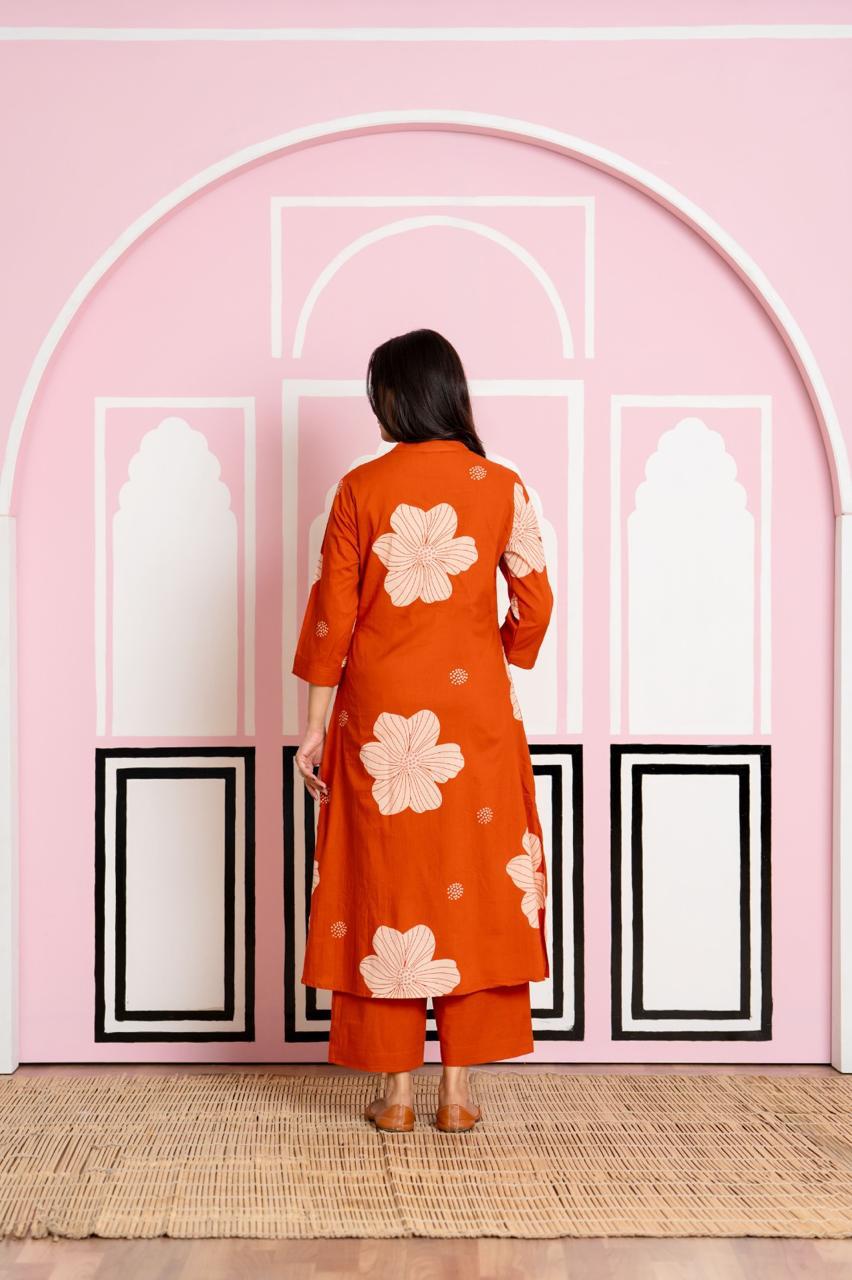 Gulnaar Rust Bloom Kurti Pant Dupatta Set Suit