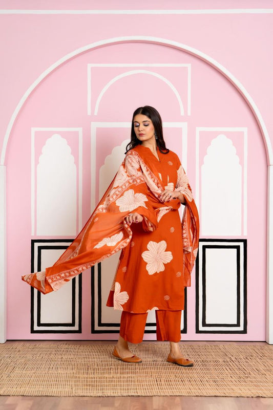 Gulnaar Rust Bloom Kurti Pant Dupatta Set Suit