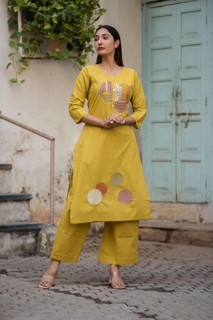 Mustard Orbit Kurti Pant Set