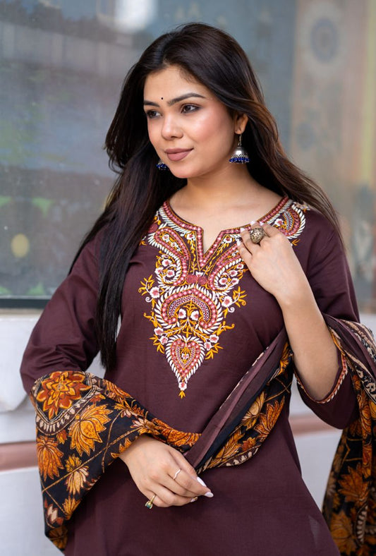 Zehra Mocha Kurti Pant Dupatta Set Suit