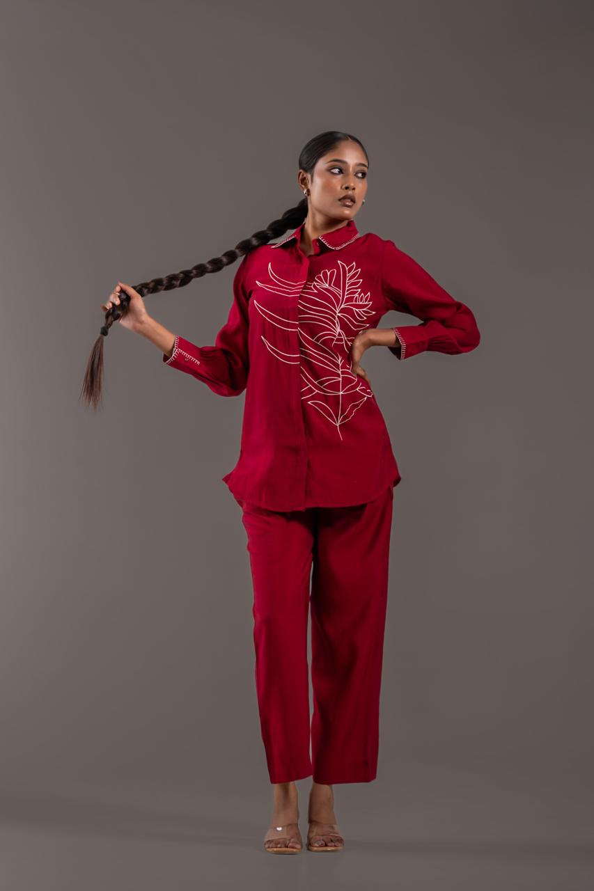 Amra Rouge Embroidered Co-ord Set – Red Cotton Set for Women Nimee Studio