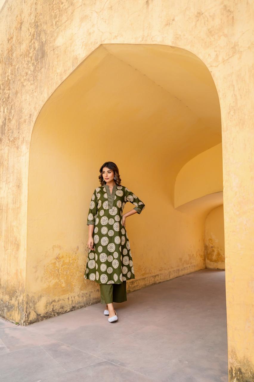 Gulbahar Olive Kurti Pant Set