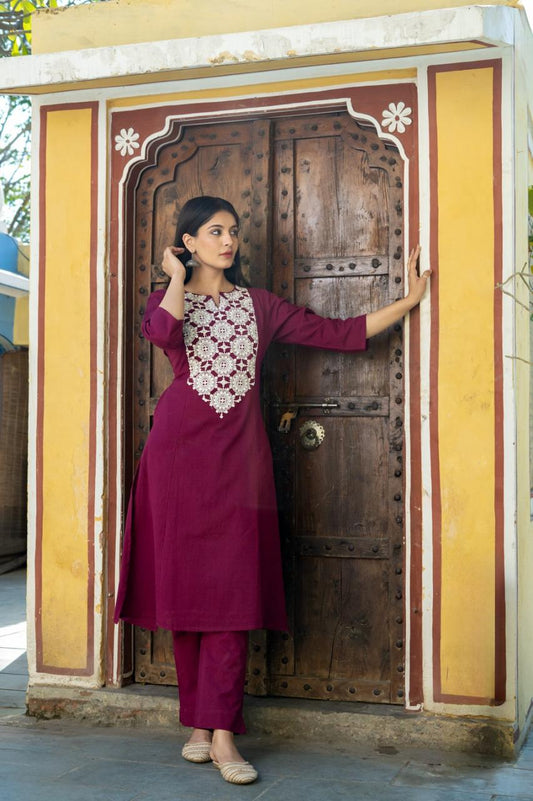 Chakri Chikan Embroidery Maroon Kurti Pant Set