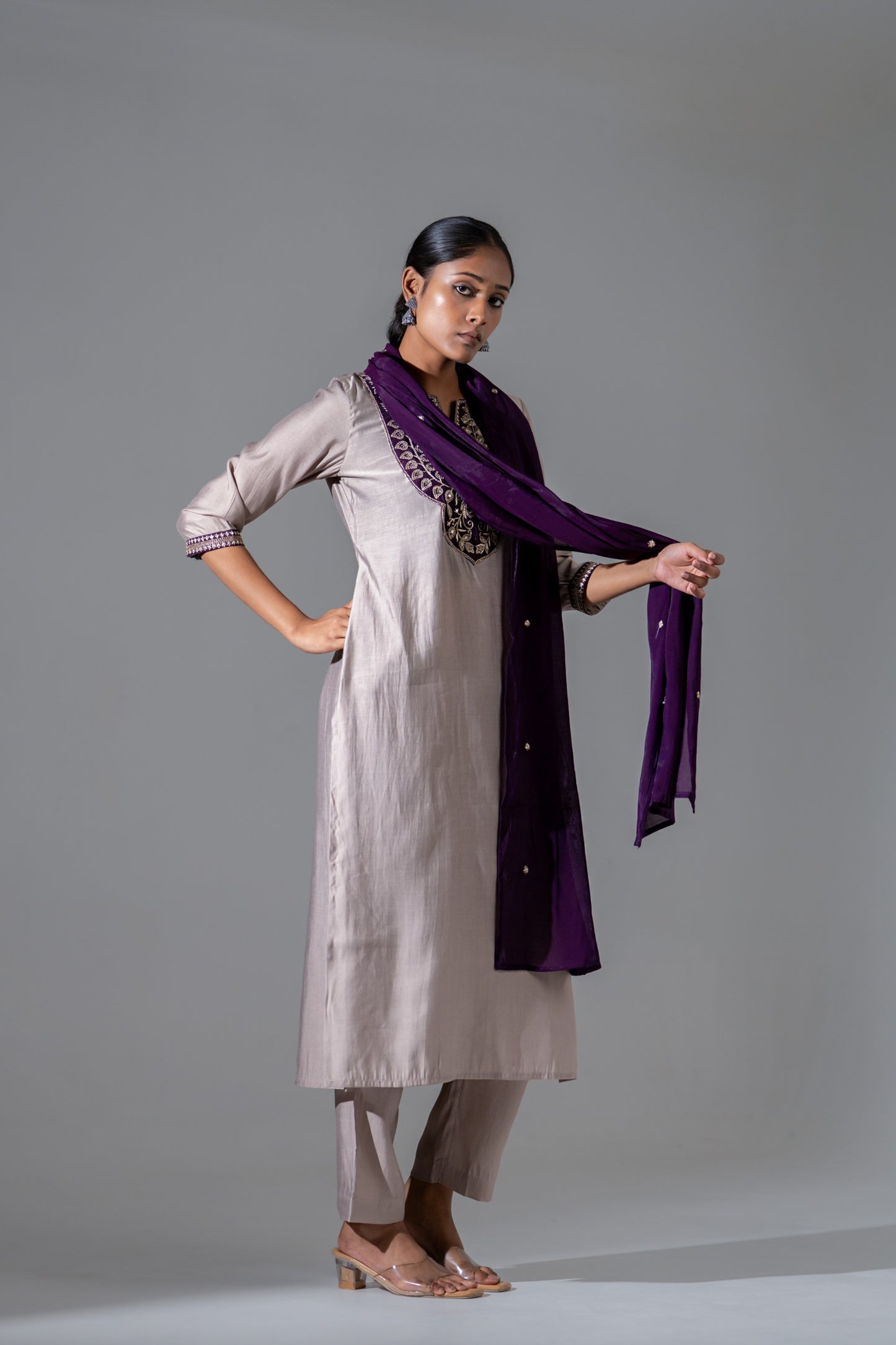 Aarvah Lilac Silk Suit with Appliqué Work & Mul Chanderi Dupatta