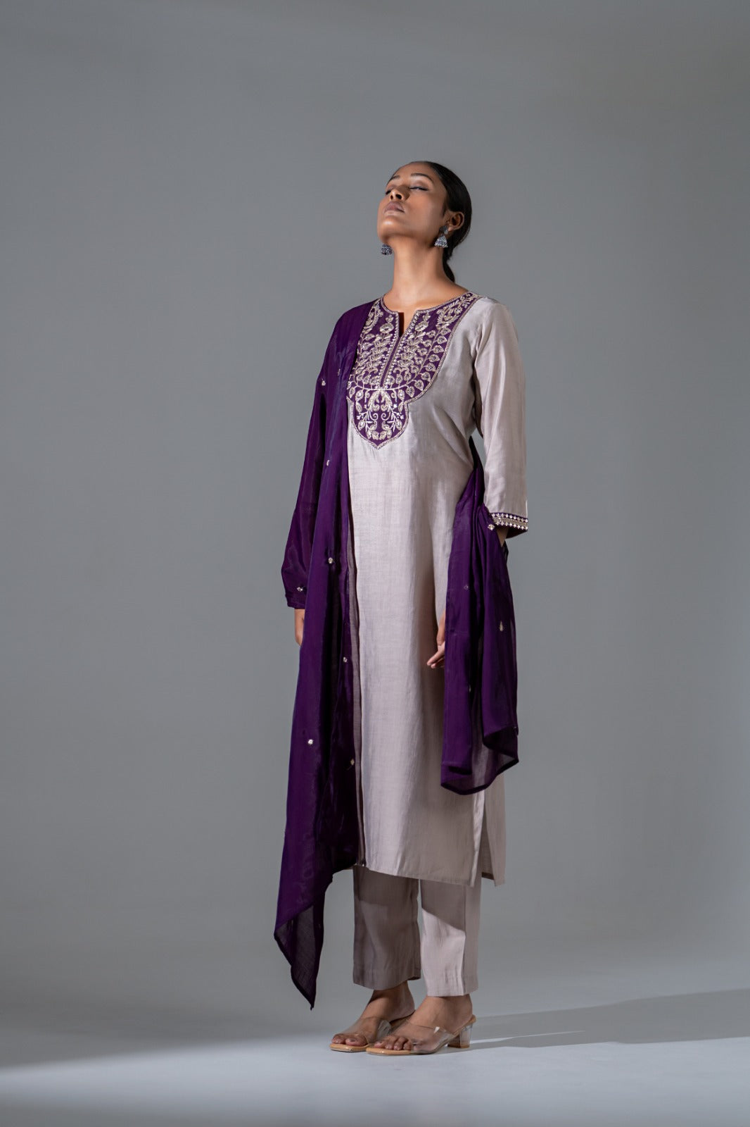 Aarvah Lilac Silk Suit with Appliqué Work & Mul Chanderi Dupatta