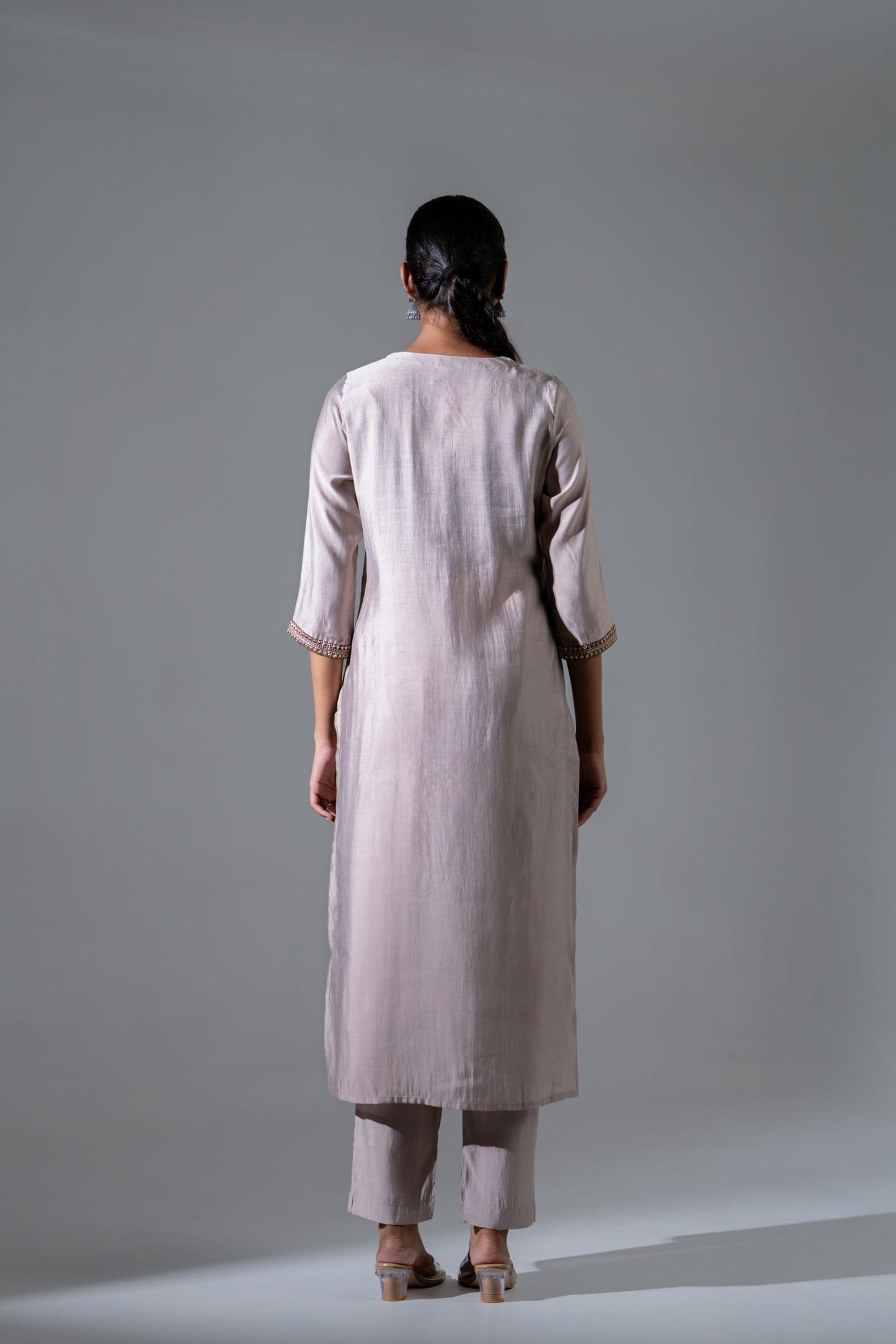Amaira Cocoa Silk Suit with Appliqué Work & Mul Chanderi Dupatta