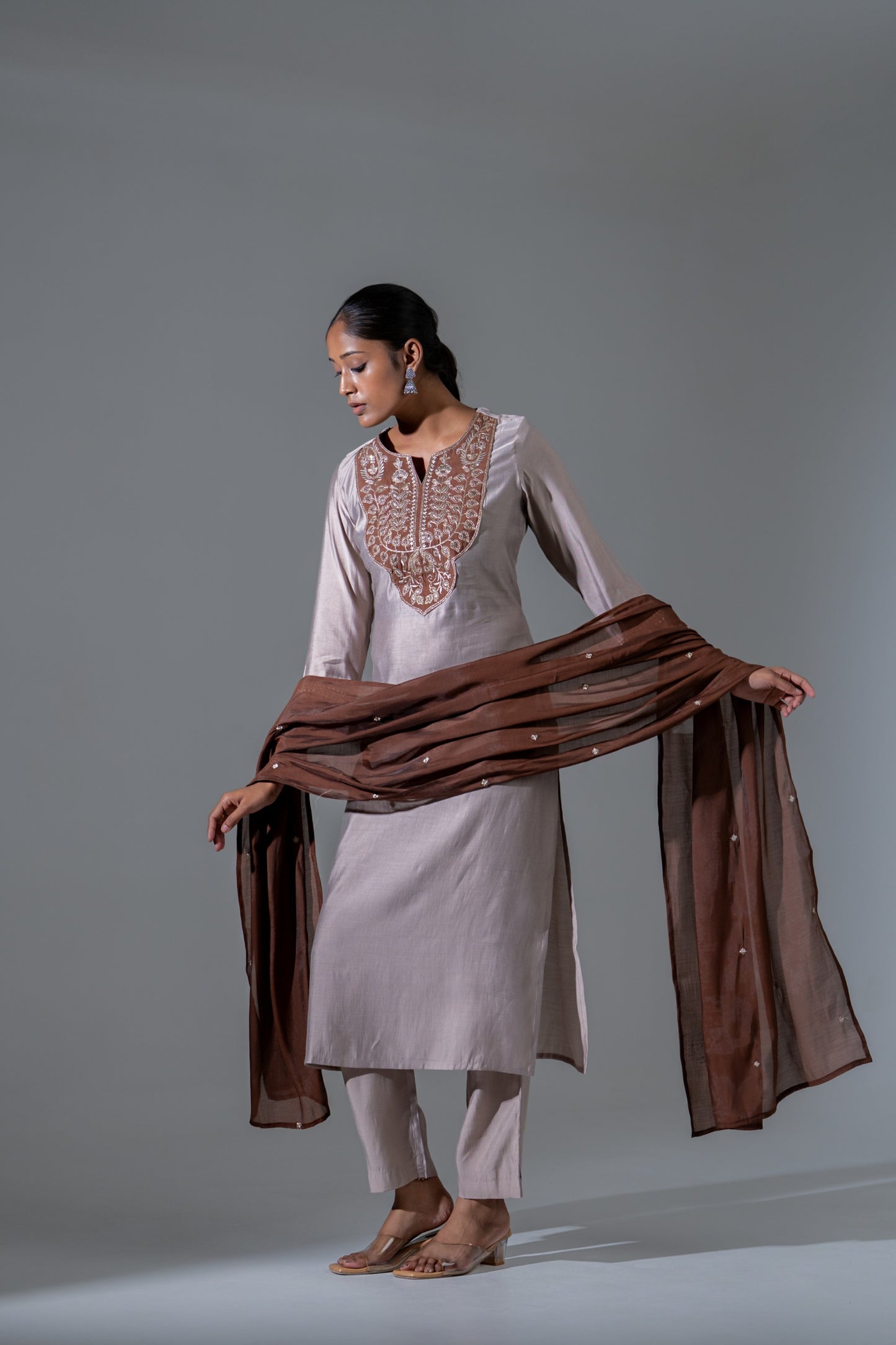 Amaira Cocoa Silk Suit with Appliqué Work & Mul Chanderi Dupatta