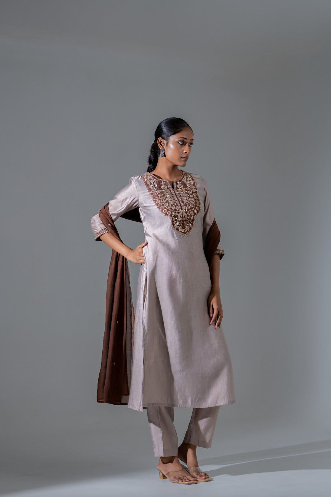 Amaira Cocoa Silk Suit with Appliqué Work & Mul Chanderi Dupatta