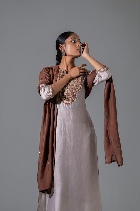 Amaira Cocoa Silk Suit with Appliqué Work & Mul Chanderi Dupatta