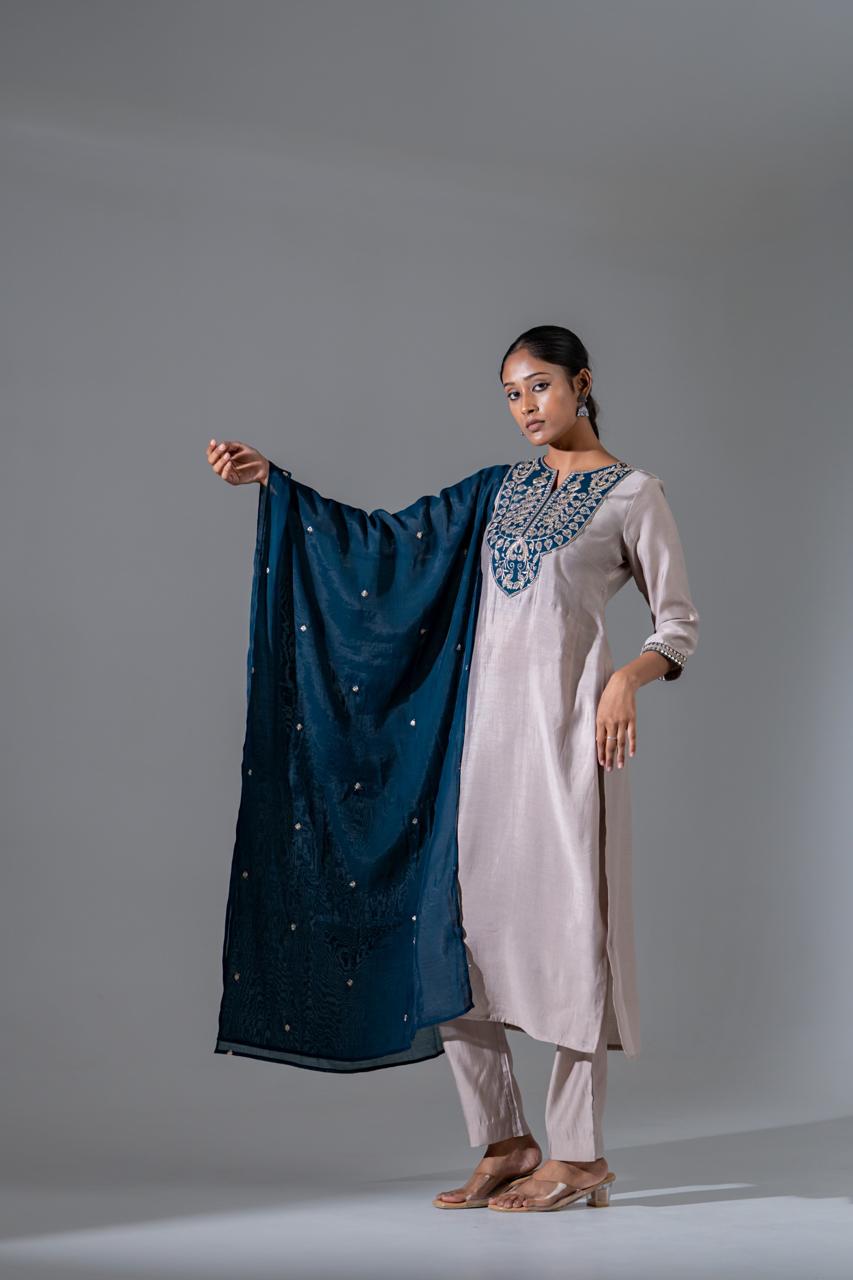 Amaira Azure Silk Suit with Appliqué Work & Mul Chanderi Dupatta