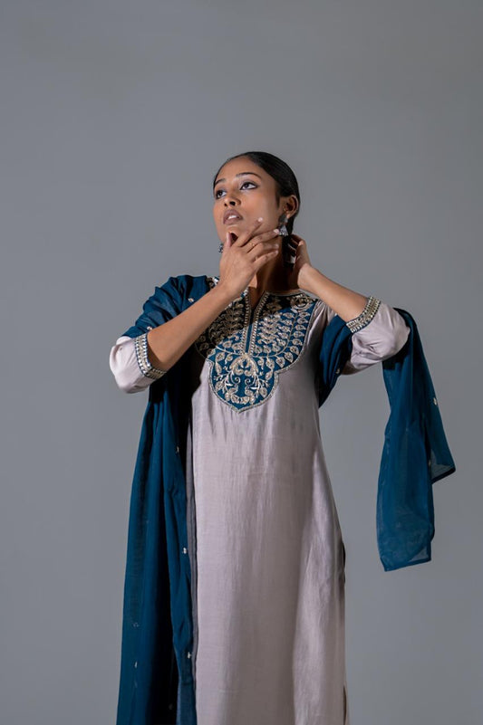 Amaira Azure Silk Suit with Appliqué Work & Mul Chanderi Dupatta