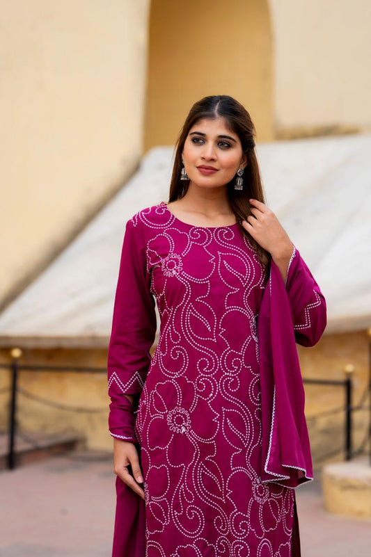 Nayab Fuchsia Pure Jaipuri Cotton Threadwork Suit Set