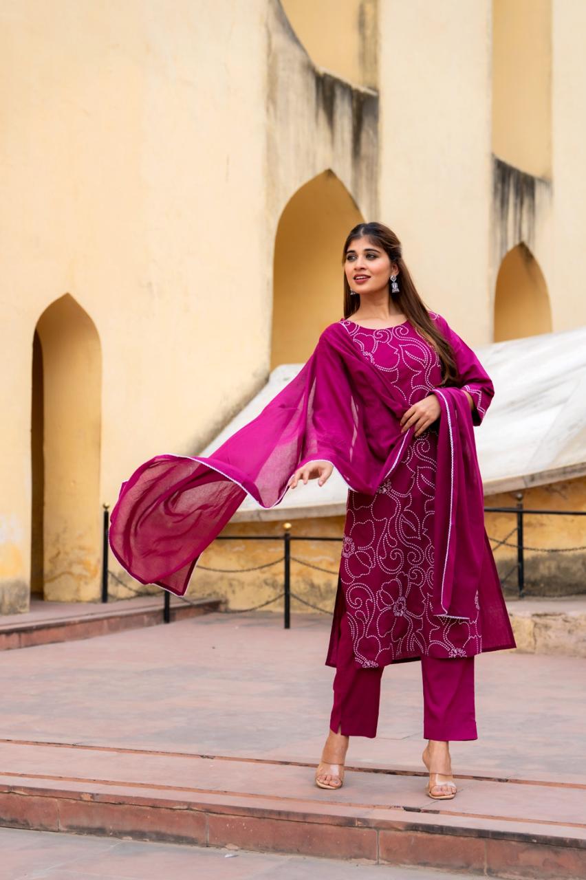 Nayab Fuchsia Pure Jaipuri Cotton Threadwork Suit Set