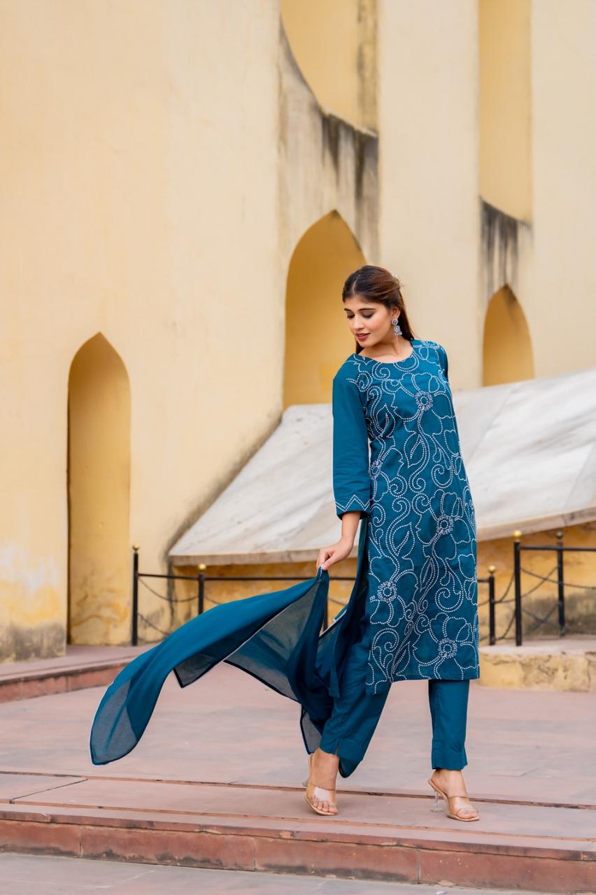 Nayab Teal Pure Jaipuri Cotton Threadwork Suit Set