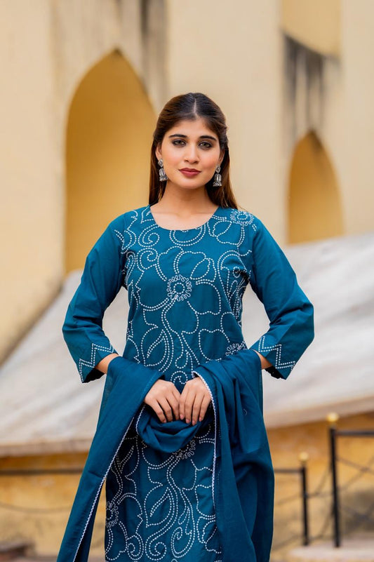 Nayab Teal Pure Jaipuri Cotton Threadwork Suit Set