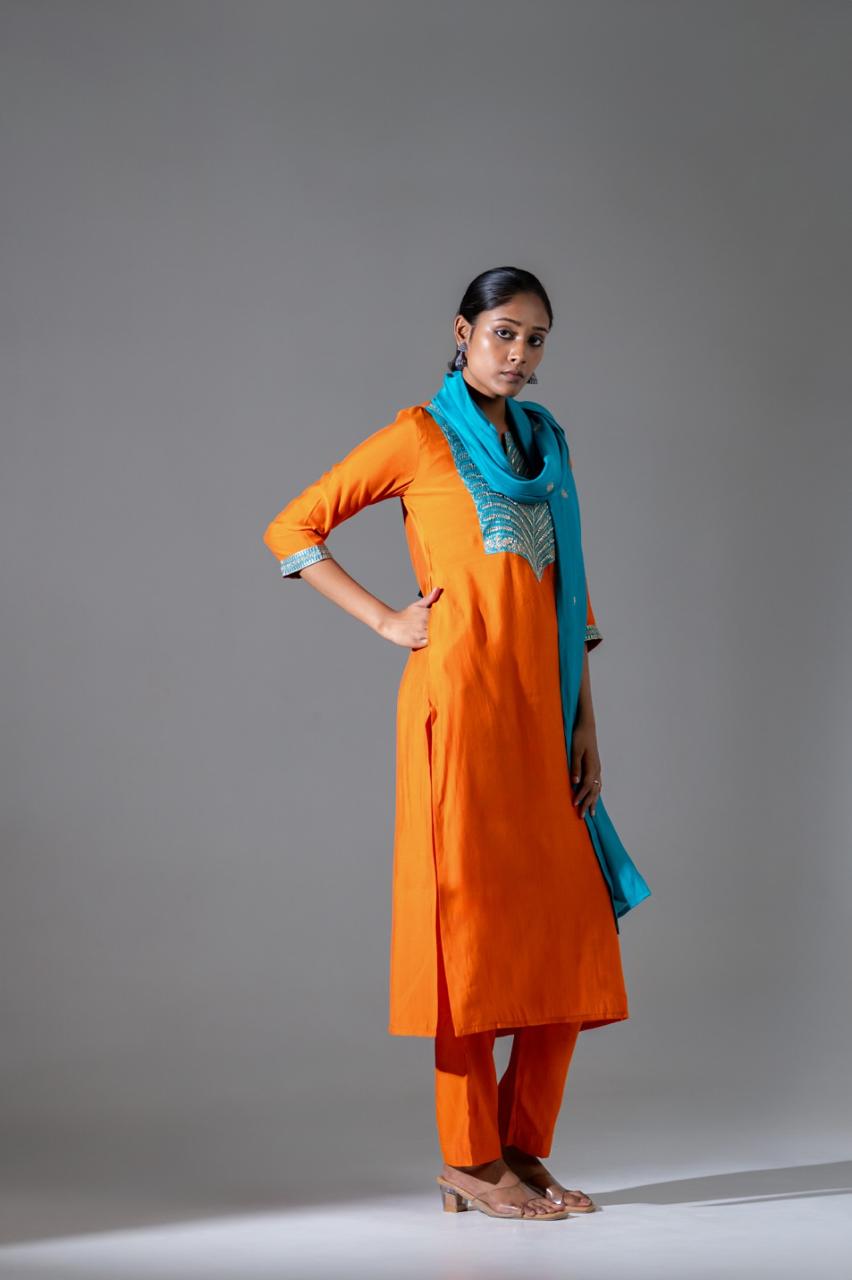 Amaira Amber Silk Kurta with Threadwork & Mul Chanderi Dupatta