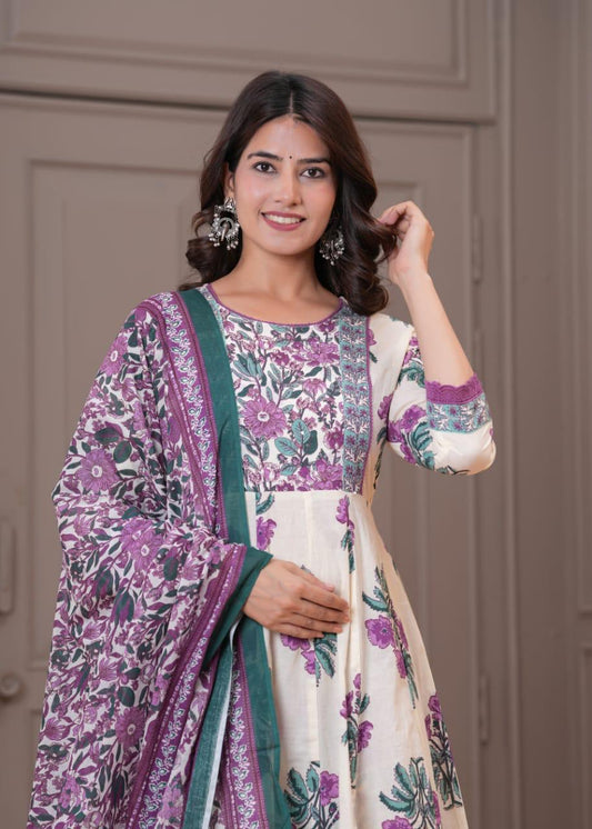 Gulbadan Ivory Pure Jaipuri Cotton Anarkali Floral Suit Set