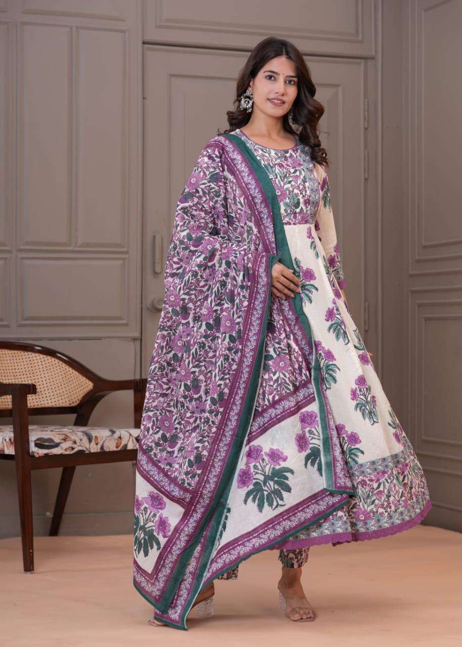 Gulbadan Ivory Pure Jaipuri Cotton Anarkali Floral Suit Set