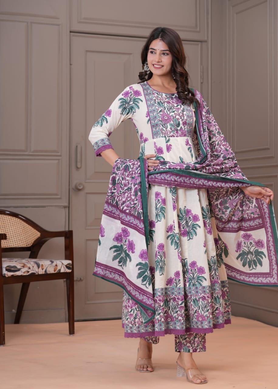 Gulbadan Ivory Pure Jaipuri Cotton Anarkali Floral Suit Set