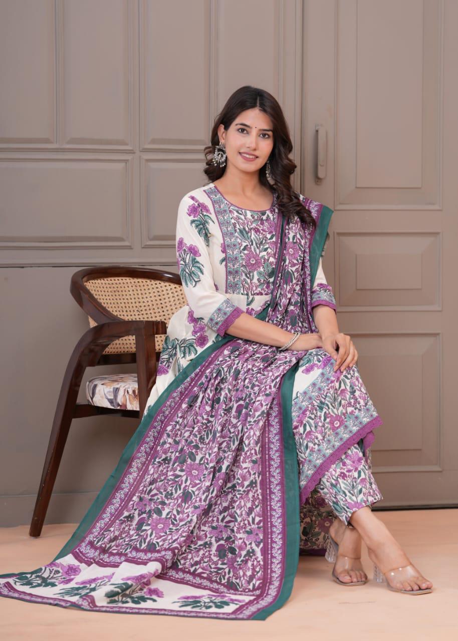 Gulbadan Ivory Pure Jaipuri Cotton Anarkali Floral Suit Set