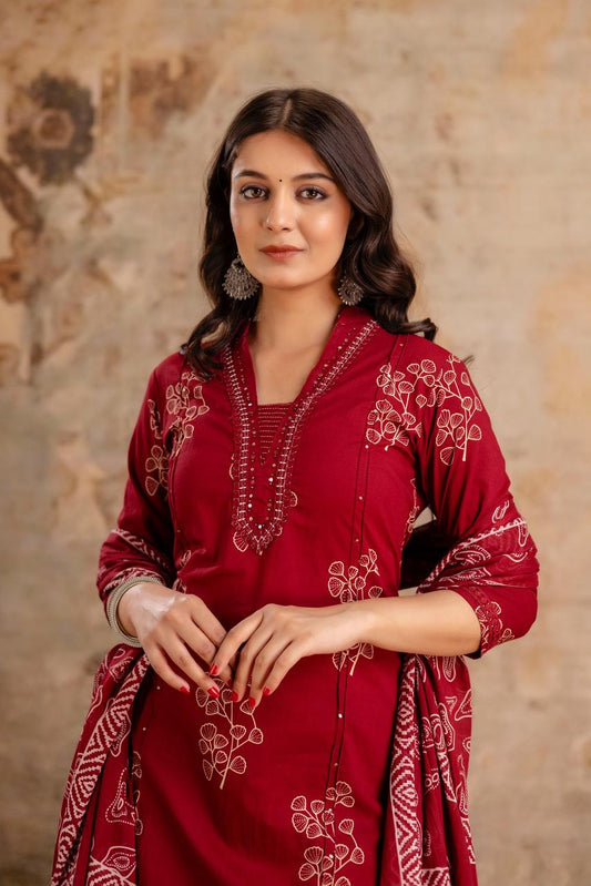 Ruhani Maroon Pure Jaipuri Cotton Suit Set