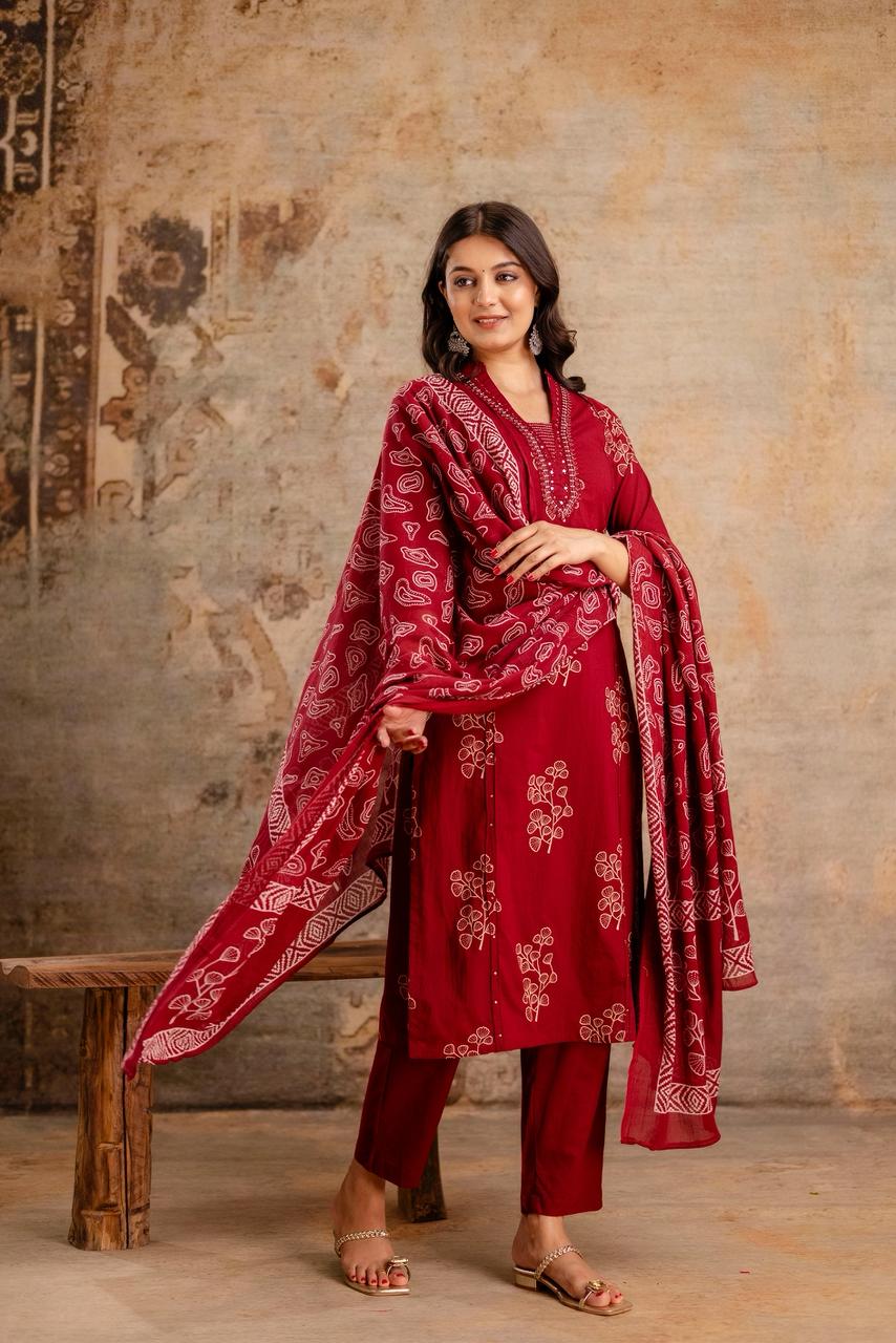 Ruhani Maroon Pure Jaipuri Cotton Suit Set