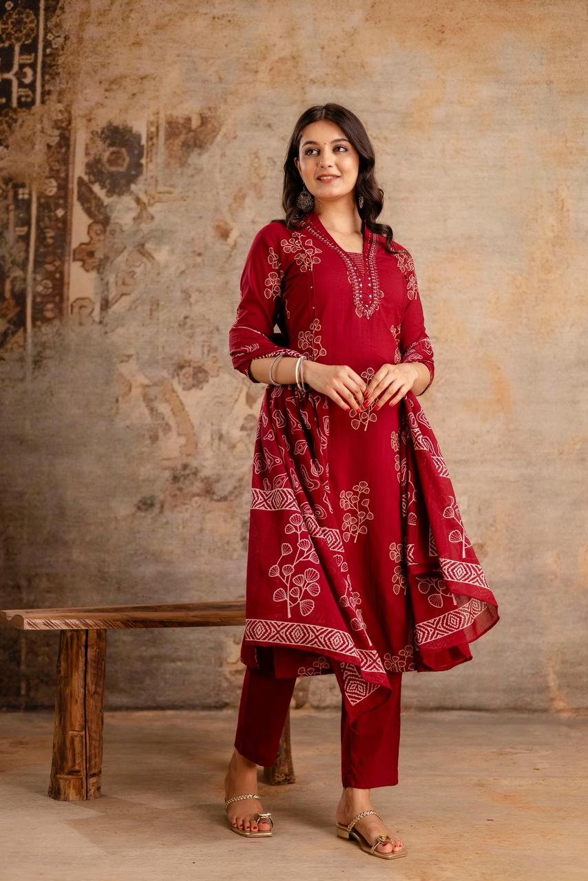 Ruhani Maroon Pure Jaipuri Cotton Suit Set