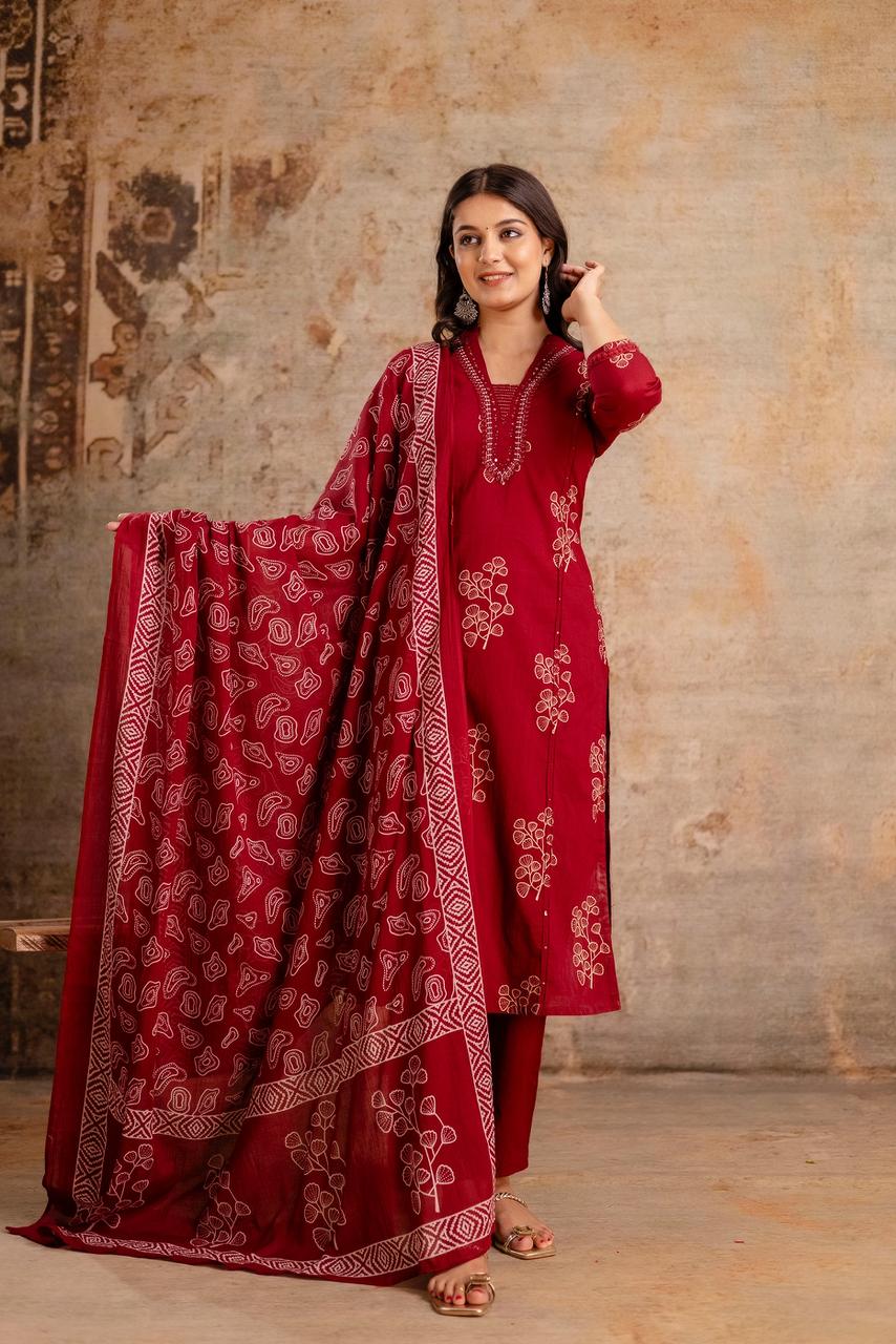 Ruhani Maroon Pure Jaipuri Cotton Suit Set