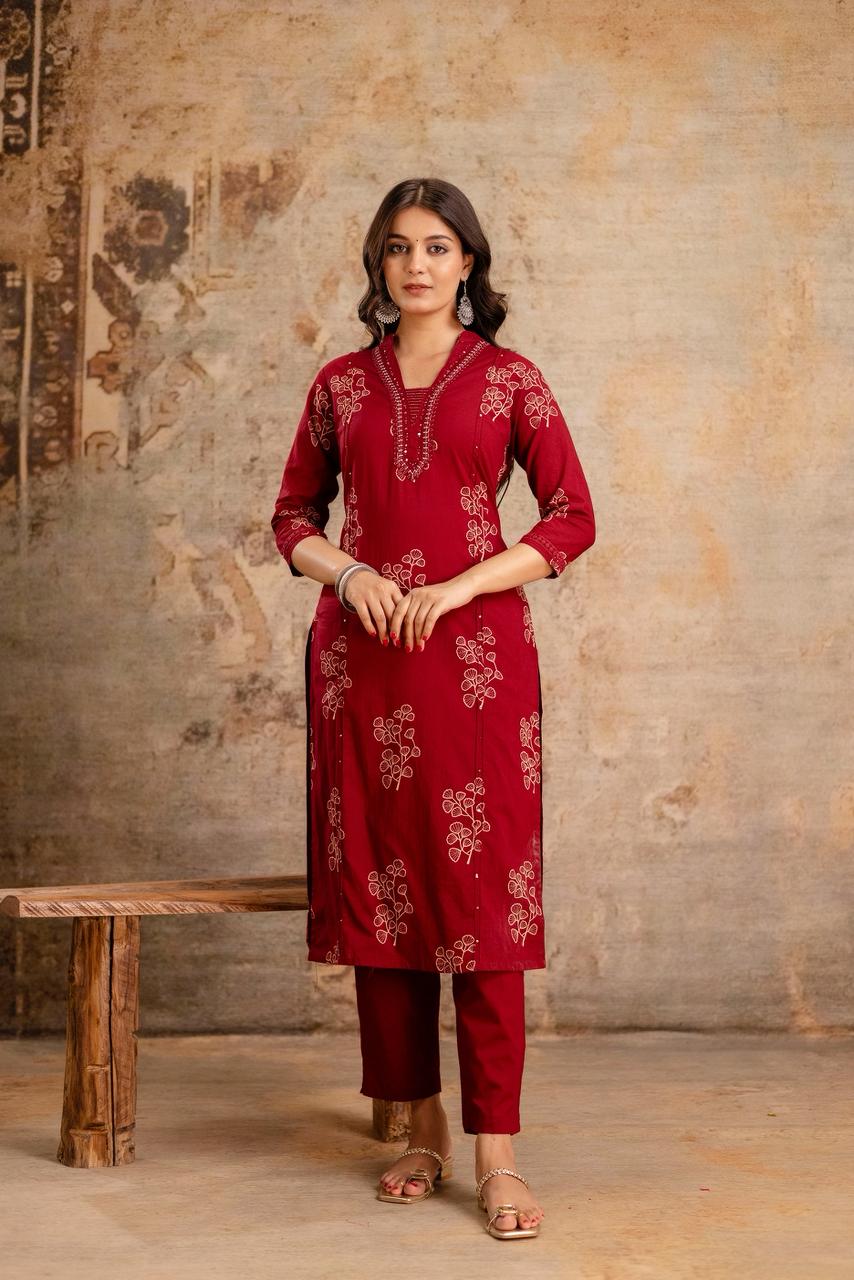 Ruhani Maroon Pure Jaipuri Cotton Suit Set