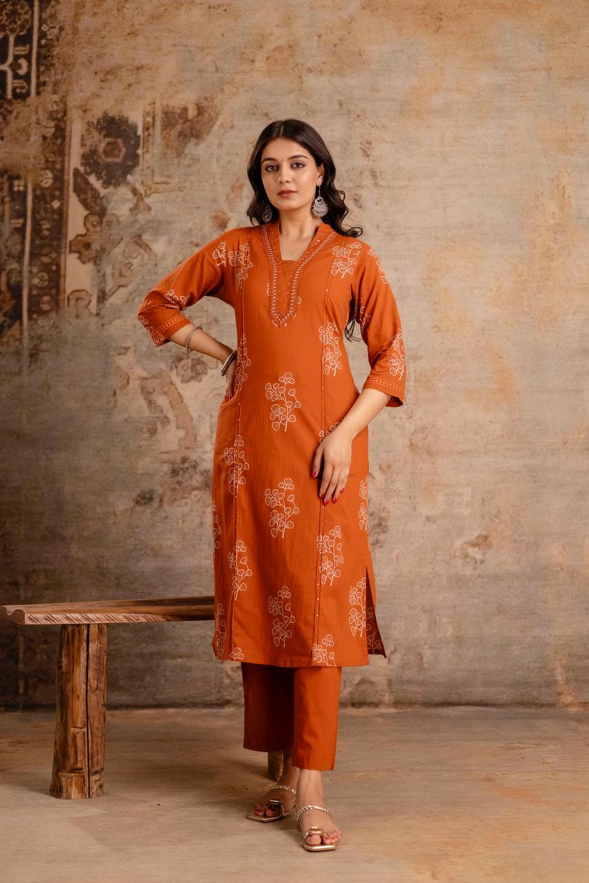 Ruhani Rust Pure Jaipuri Cotton Suit Set