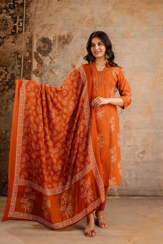 Ruhani Rust Pure Jaipuri Cotton Suit Set